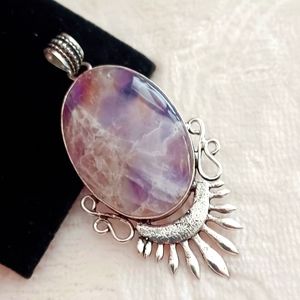 NWOT Chevron Amethyst Gemstone 925 Antiqued Silver Plated Pendant Handmade 2.5"